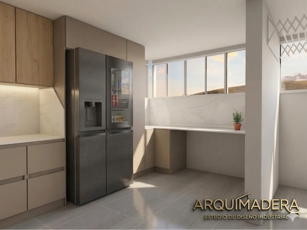 Render 3D de sala de apartamento en Laureles con tonos cálidos, mobiliario en madera y ventanal panorámico