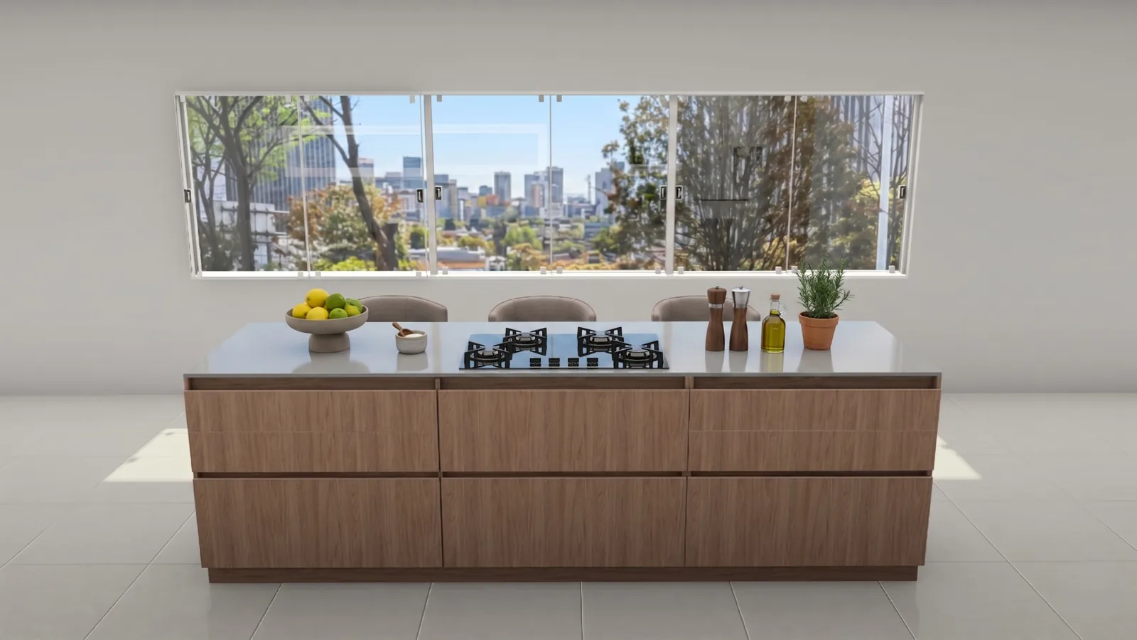Render de cocina con península, encimera clara y bancos en cobre, módulos altos grises