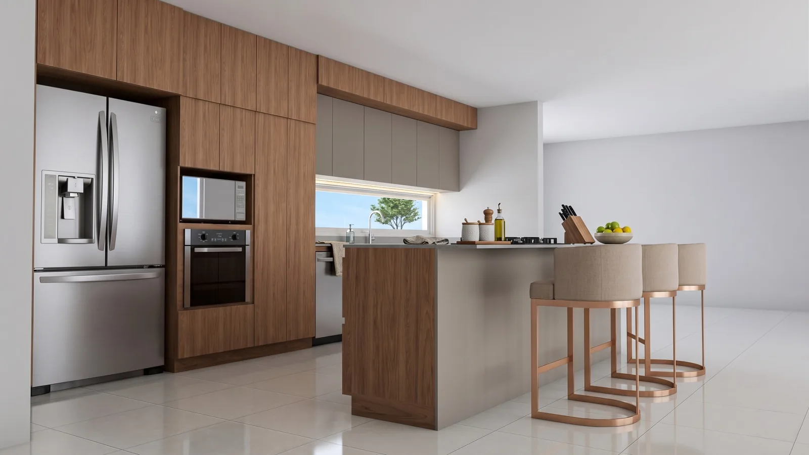 Vista angular de isla de cocina con cooktop, cajonería en nogal y ventana con vegetación exterior