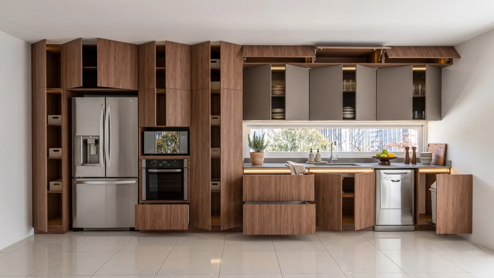 Detalle de carpintería: módulos y cajones abiertos mostrando el sistema de almacenamiento interno de la cocina