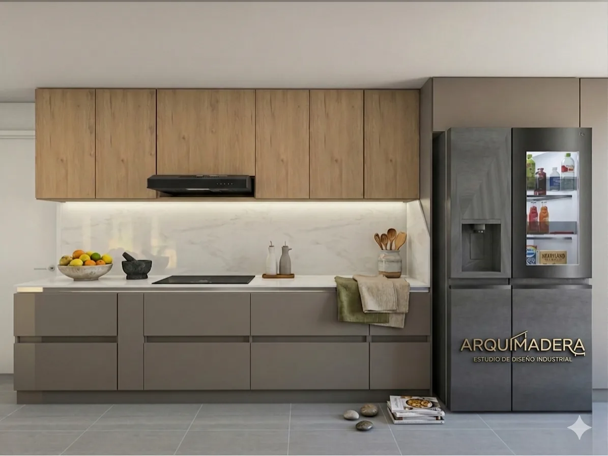 Render 3D de cocina moderna en madera natural y mármol blanco con isla central, proyecto residencial en El Poblado, Medellín