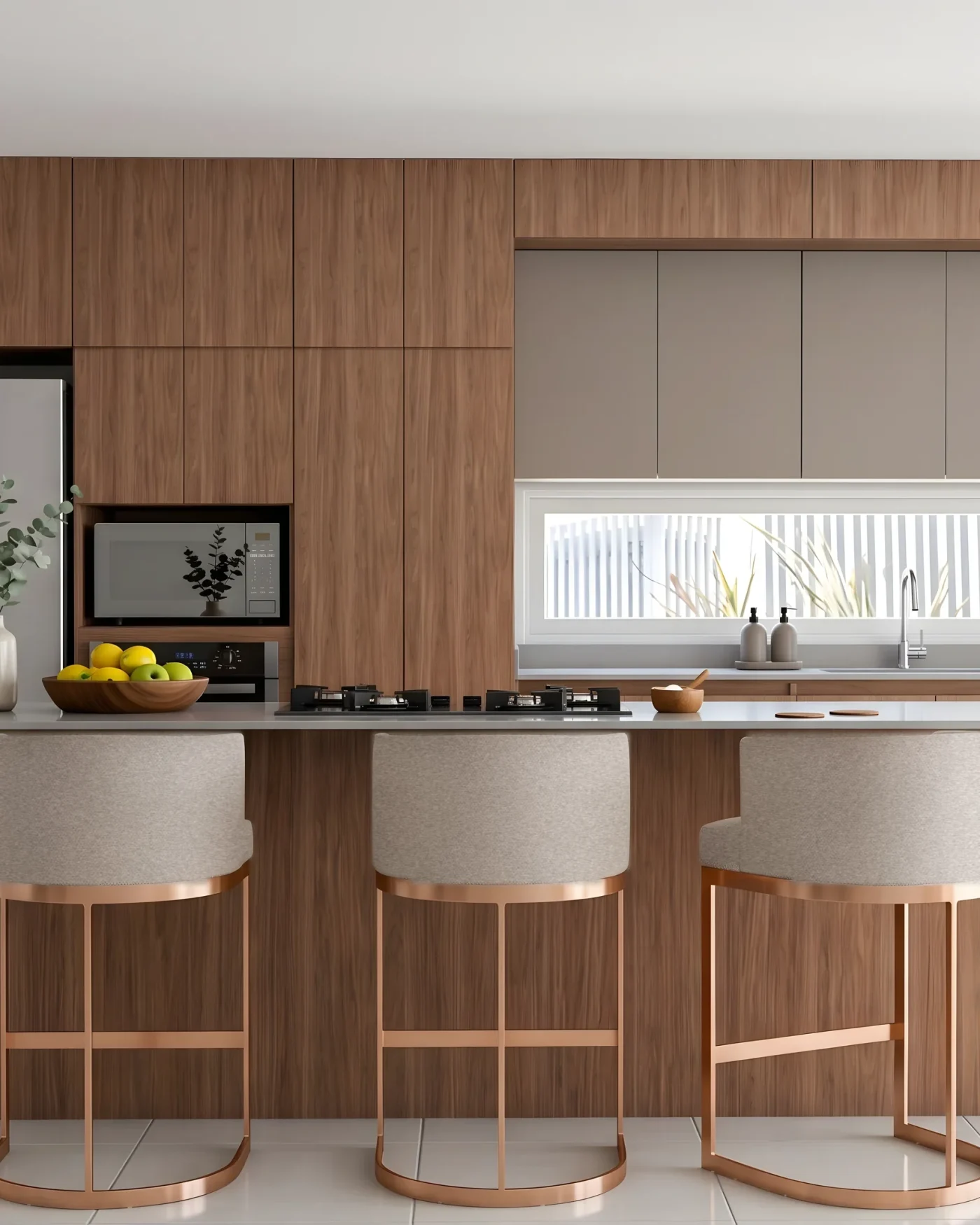 Render 3D de cocina en nogal: barra con tres bancos tapizados sobre estructura cobre, torres de nogal y alacenas grises sobre una ventana horizontal