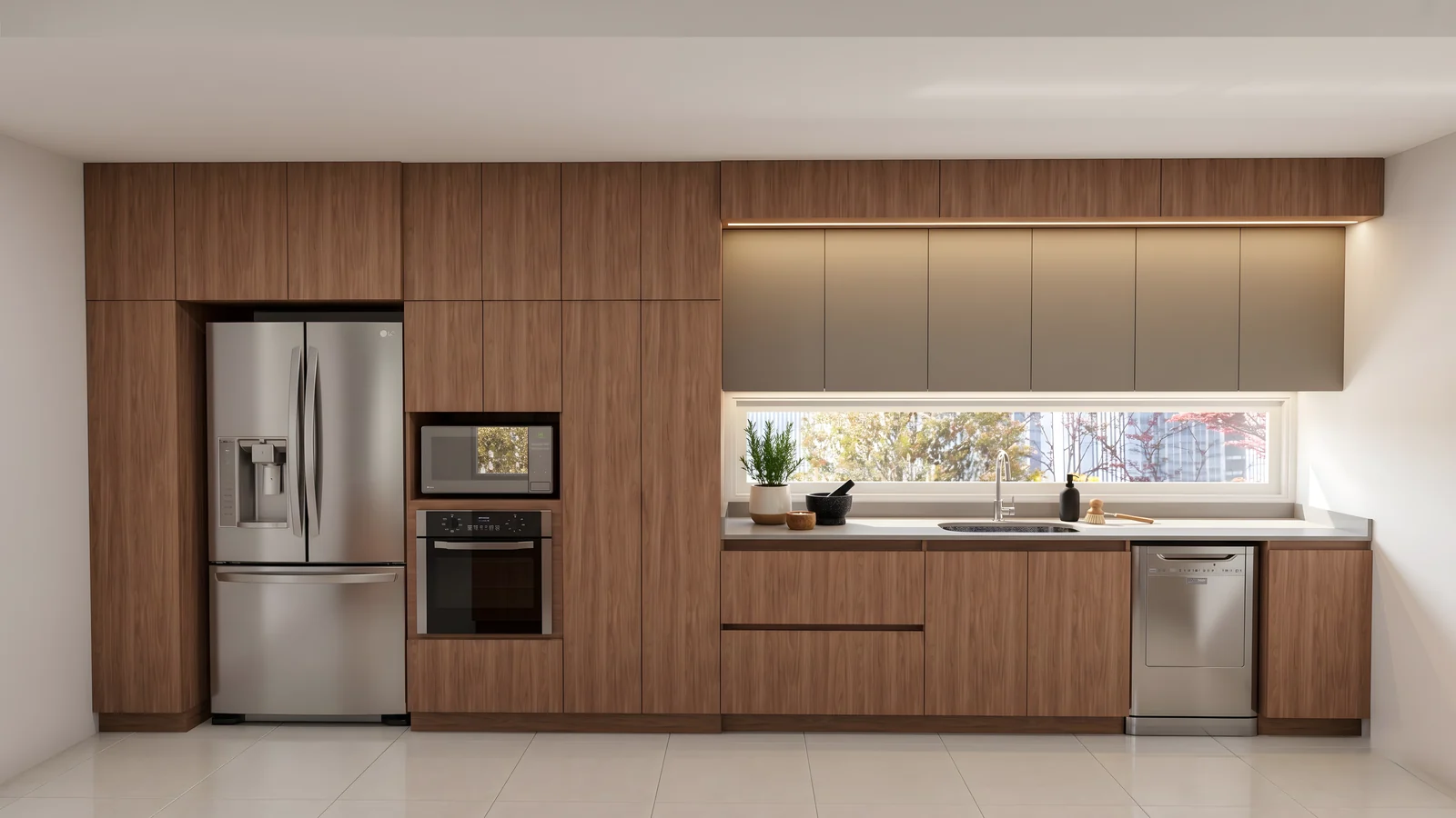 Render 3D del muro de cocina en nogal con nevera de acero, microondas y horno empotrados, alacenas grises iluminadas y ventana horizontal sobre el lavaplatos