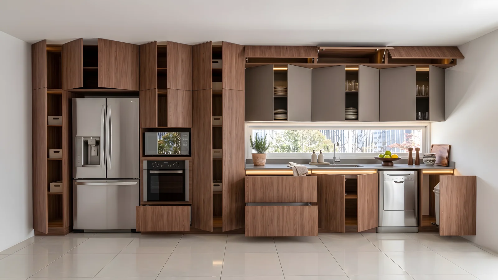 El mismo muro de cocina con todas las puertas y cajones abiertos mostrando el almacenamiento interior de piso a techo