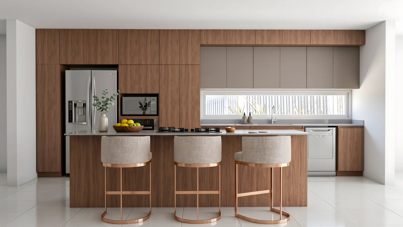 Render 3D frontal de la isla con barra y tres bancos tapizados sobre estructura cobre, cocina en nogal al fondo